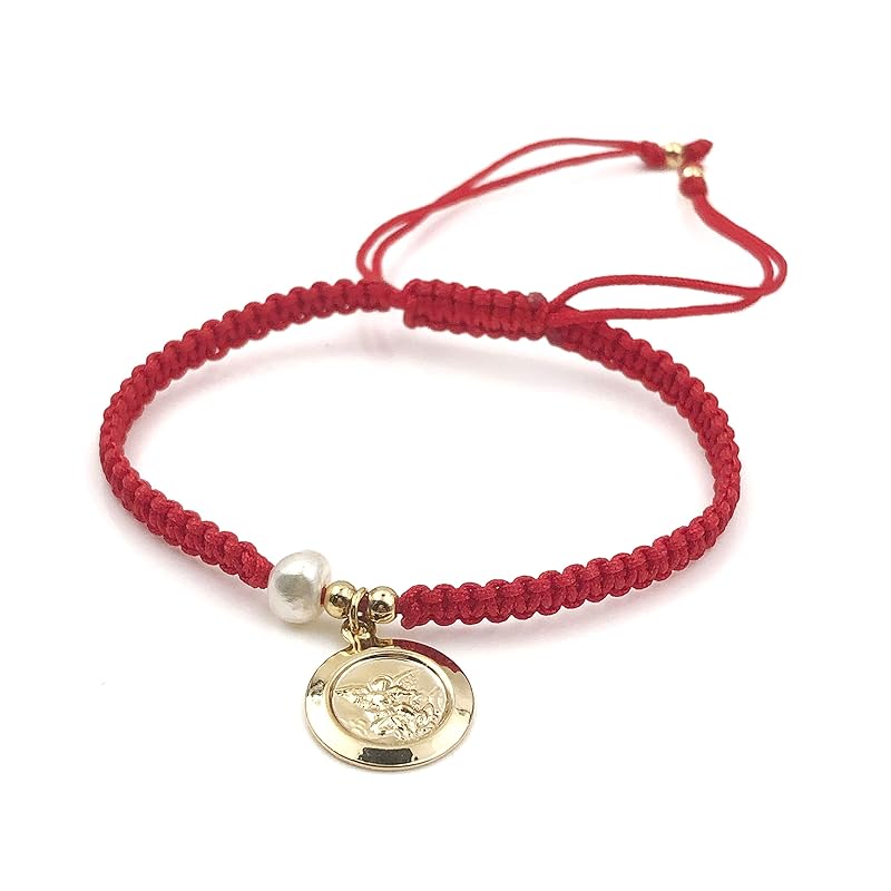 Handwoven Red Thread with Saint Michael Archangel Medal and Cultured Fresh Water Pearl - Catholic Protection Bracelet Adjustable Size for Women