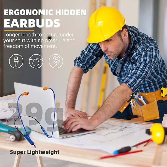 Ear Plugs Bluetooth Headphones for Work, Neckband Wireless Earbuds with 20 Hour Battery, Noise Reduction Isolating in-Ear Earplug Earphones with Mic and Controls, for Industrial Safety Construction