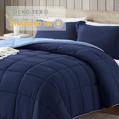 satisomnia Full Size Comforter Set, Navy Blue Bedding Comforters Full Size, 3 Pieces Down Alternative Bed Comforter Lightweight, Soft Quilted Bed Set Breathable, Reversible All Season Bedding Sets