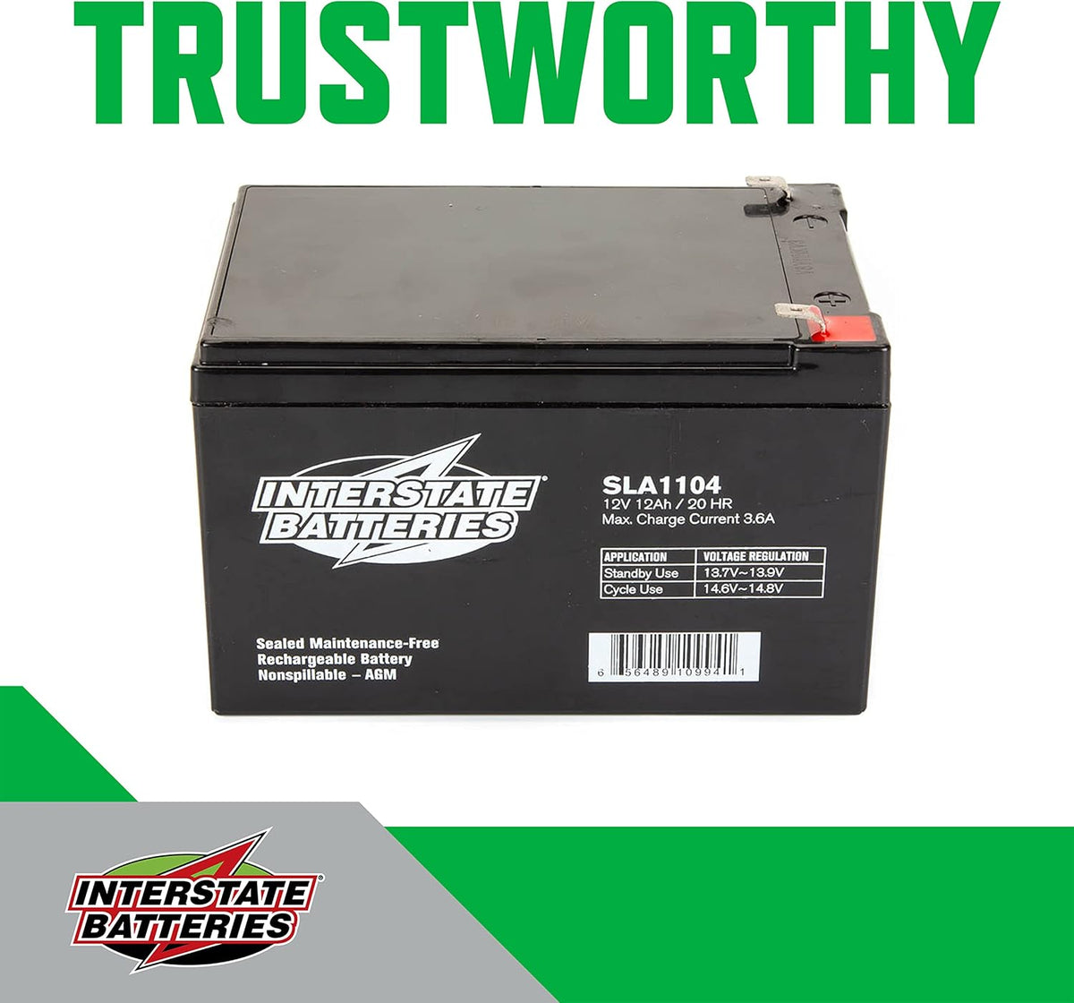 Interstate Batteries 12V 12Ah Battery (F2 Terminal) SLA AGM VRLA Rechargeable Replacement for Electric Fences, Generators, Medical Devices, Universal Power (SLA1104)