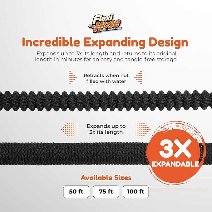 Flexi Hose Lightweight Expandable Garden Hose, No-Kink Flexibility, 34 Inch Solid Brass Fittings and Double Latex Core (25ft, Black)