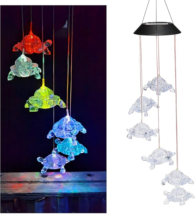 Wind Chimes Chandelier, Solar Turtles Hanging Lamp ,Wind Chime Pendant Light IP44 Waterproof Mixcolor Slow Flashing