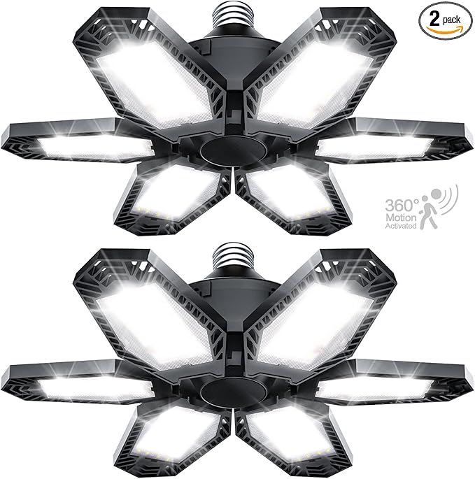 2 Pack Motion Sensor Garage Light, Total 30000LM Deformable Garage Lighting, 150W Garage Light LED Ceiling with Motion, Ultra Bright Garage Lights Motion Activated LED Shop Light for Attic, Basement
