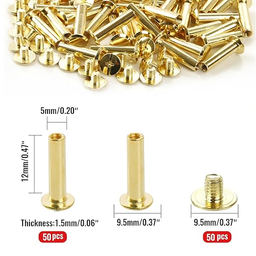Chicago Binding Screws - 5mm x 12mm Binding Posts - 9.5mm Phillips Nut - Chicago Screw Binding Post Screw Kit for DIY Leather Decoration Scrapbook Photo Albums Bookbinding (Gold, 50 PCS)