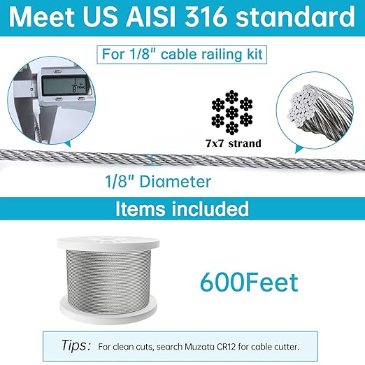 Muzata 600 ft 18" Stainless Steel Cable Railing System Hardware T316 Stainless Steel Wire Rope 7x7 Strands 1800 lb Breaking Strength Deck Cable Railing Kit for Indoor Outdoor Coastal WR02