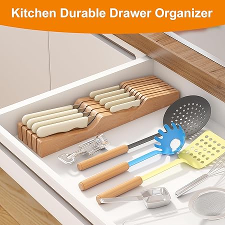In-Drawer Knife Block Organizer - Bamboo Wood Drawer Knife Holder-Protecting Knife Organizer Block Holds Up To 9 Knives(Not Included)