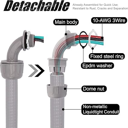 6FT 12-Inch Electrical AC Whip Kit,Nonmetallic Liquid Tight Flexible Electrical Conduit,7.5FT of Connecting Wires 3-Conductor 10-Gauge Wires wStraight90 Degree Fittings