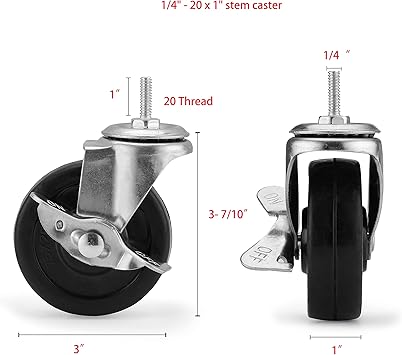 Wheels for Shelves Heavy Duty, 3 inch Casters for Wire Shelving, Stems 14" - 20 x 1 Thread Shelf Caster Wheels, 14-20 Casters Set of 4, Stem Caster Wheels