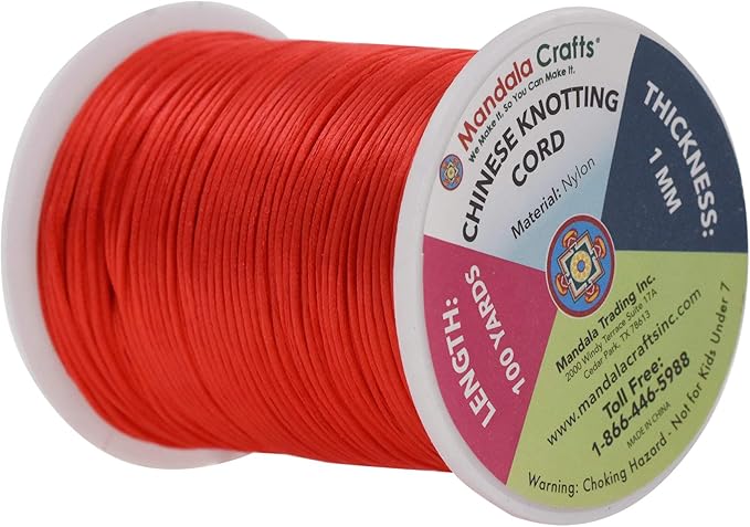 Mandala Crafts Nylon Satin Cord 1mm Rattail Cord Red String - 100 Yds Nylon Chinese Knotting Cord Rat Tail Silk Cord for Bracelet Necklace Jewelry Making Macrame Trim