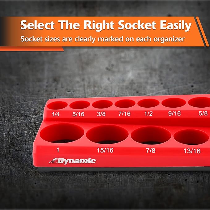 Magnetic Socket Organizers, 14", 38" and 12" Drive, SAE and Metric, Quality Tool Box Organizers (38 Dr. SAE, Red, Holds 26 Sockets)