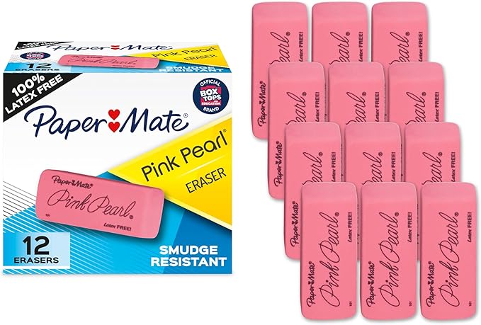 Paper Mate Large Pink Pearl Erasers, 12 pcs, Stain Resistant, Latex-Free, Back-to-School Supplies for Teachers & Students, Artists, for Classroom, Office & Home