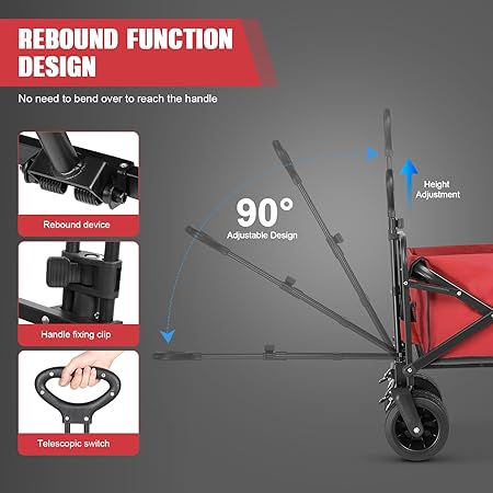 Collapsible Foldable Beach Wagon,Folding Wagon Cart with Big Wheels,Utility Grocery All Terrain Wagons carts Foldable with Brakes for Sand Camping Sports Outdoor(Rose Red).