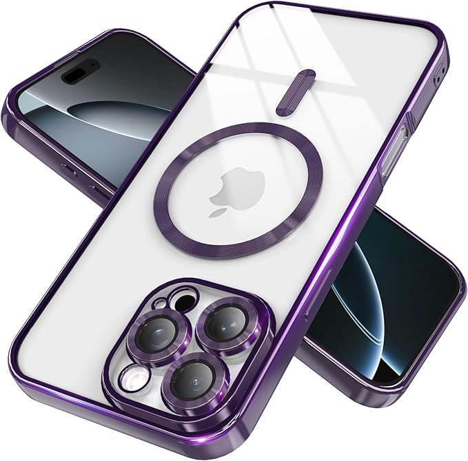 Magnetic Clear Case for iPhone 14 Plus with Full Camera Lens Protection,Compatible with MagSafe,Plating Soft TPU Phone Case,Anti-Scratch Shockproof Slim Cover for Women Gilrs Men - Purple