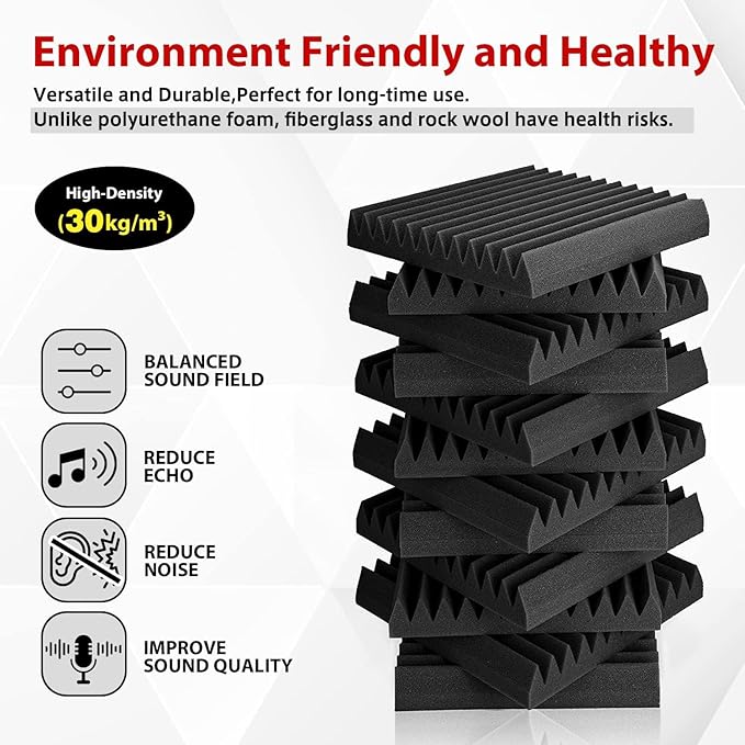 FONESO Acoustic Foam Panels, Soundproof Foam Panels for Walls, High Density Studio Soundproofing Wedges - Fire Resistant Noise Absorbing for Studio, Office, Home (Black, 24Pack)