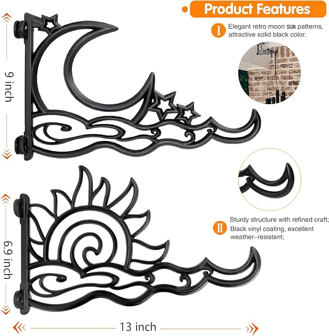 1pc 13 Inch Heavy Duty Hanging Plant Bracket, Moon Star Metal Hanging Hook Wall Art Décor Outdoor Indoor, Durable Rust-Resistant Plant Hanger Hook for Hanging Plants Birdhouse Lantern Wind Chime