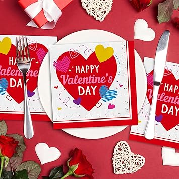 50-Pack Valentine's Day Napkins 3-Ply - Love-Heart Themed Disposable Paper Napkins for Romantic Celebrations - 6.5" Red Heart Napkins Valentine's Day Party Supplies & Decorations