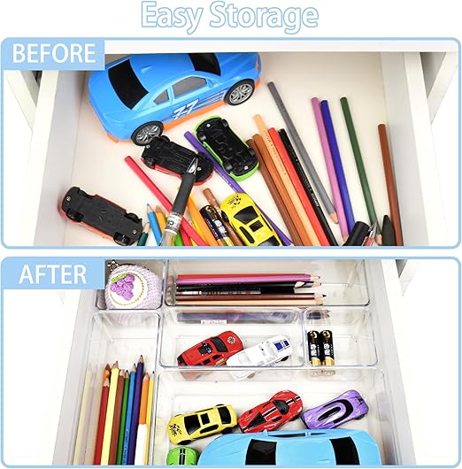 Drawer Organizers Set of 15, 4 Sizes Clear Plastic Drawer Organizers and Storage Bins for Kitchen, Bathroom, Office, Dresser Desk Drawer Organizer Tray for Jewelry, Makeup, Junk, Gadgets