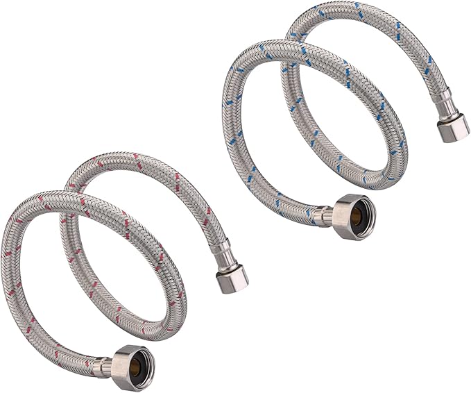 sumerain Braided Stainless Steel Faucet Supply Lines 24 Inch Length 12-inch FIP x 38-inch Compression Faucet Connector Flexible Hose, Pack of 2