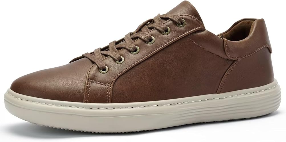 Mens Shoes Casual Sneakers - Business Brown Leather Comfort Memory Foam Fashion Dress Sneakers for Men Office Walking Size 8.5