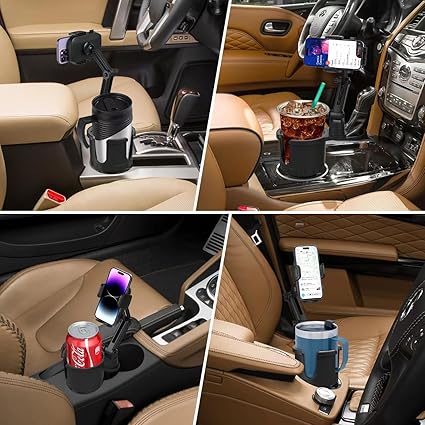 2 in 1 Large Cup Phone Holder Cupholder Extender for Car with Expandable Base, Cup Holder Expander for 18-40oz Drink Bottles, Mug and Phone Holder with 360 Adjustable Arm Fits All Smartphone