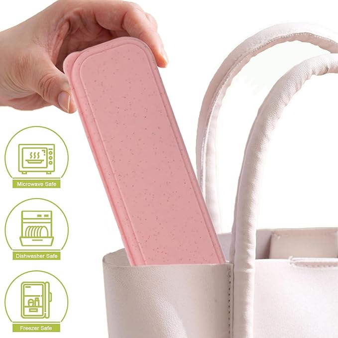 Reusable Travel Utensils Set with Case, Wheat Straw Portable Plastic Fork Spoon Knife Chopsticks Camping Cutlery, Eco-Friendly BPA Free Tableware Picnic Flatware for Kids Adults or Daily Use (Pink)
