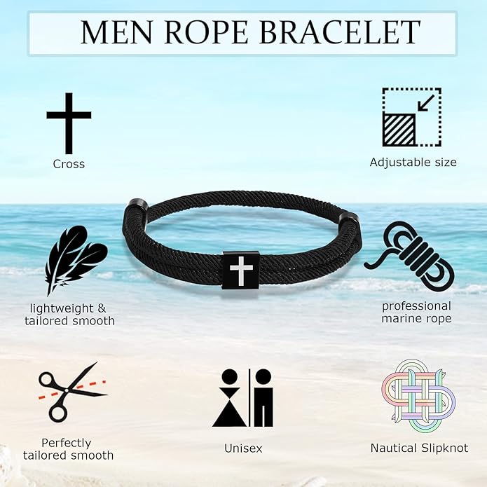 TempBeau Braided Men Rope Cross Bracelet - Adjustable Tree of Life Cord Surfing Bracelet, Handmade Nautical Navy Marine String Bracelet with Metal Knot, Easter Women Bracelets Gifts