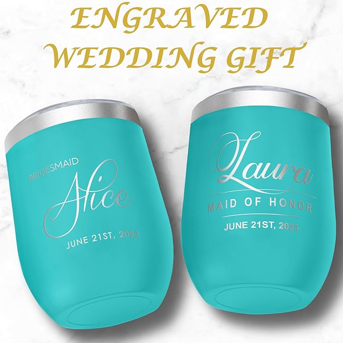 Gifts Inscribed Personalized Wine Tumbler with Lid Custom Stainless Steel Tumbler Engraved - Customized Wine Travel Mug Insulated for Hot and Cold - Gift for Wedding, Bridal Party, Birthday (Teal)
