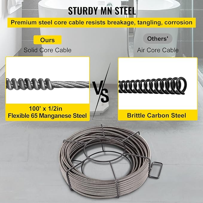 VEVOR 100 ft x 12 inch Solid Core Sewer Snake Clog Pipe Drain Cleaning Cable WFour Shapes of Cutters, Black