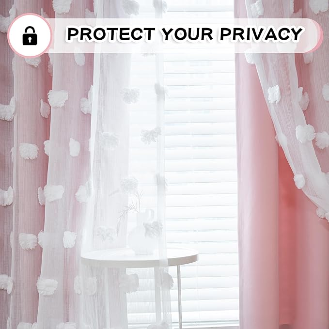 Mysky Home Double layer curtains, living room, nursery, bedroom, translucent, white pompoms, dining room, window panels, room darkening, 52 x 84 inches, pink