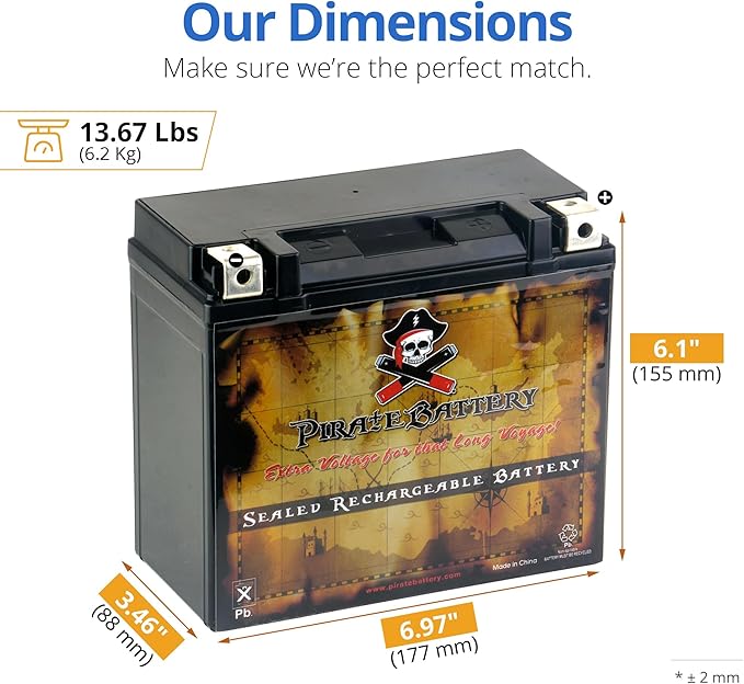 Pirate Battery YTX20HL-BS Maintenance-Free 12V 19Ah Battery Replacement for ATV, Harley Davidson Motorcycle, Jet Skis, Scooter, UTV, and More - Nut and Bolt (T3) Terminal