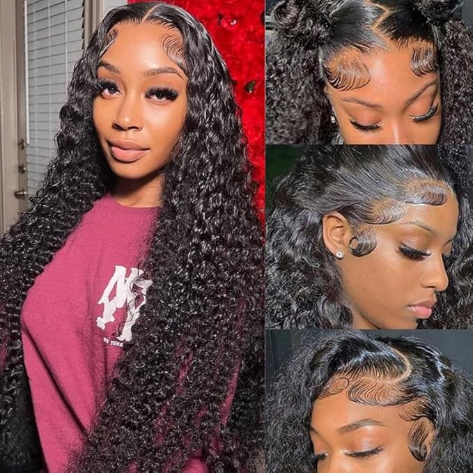 13x4 HD Deep Wave Lace Front Wigs Human Hair Pre Plucked Deep Wave Frontal Wigs Human Hair Curly Lace Front Wig Human Hair 180 Density Glueless Human Hair Wigs 24 Inch