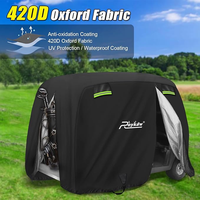 Roykaw Golf Cart Cover Compatible with EZGO, Yamaha, Club Car 24 Passengers Golf CartOoa420D Oxford Fabric Full Cover with Reflective Stripe 3 Zipper Doors,WaterproofWindproofSunproof