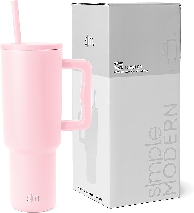 Simple Modern 40 oz Trek Tumbler with Handle and Straw Lid Cup Holder Friendly Insulated Stainless Steel Travel Mug Blush