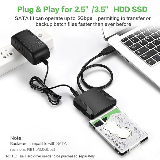 SATA to USB 3.0 Adapter, External Hard Drive Converter Cable for 2.5" 3.5" HDD, SSD with Power Supply