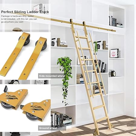 Rolling Ladder Hardware Kit - Steel Sliding Library Ladder Track 10ft Retractable Rolling Library Ladder Track Bracket Tensible Rolling Hardware Stand Up for Entertainment Units