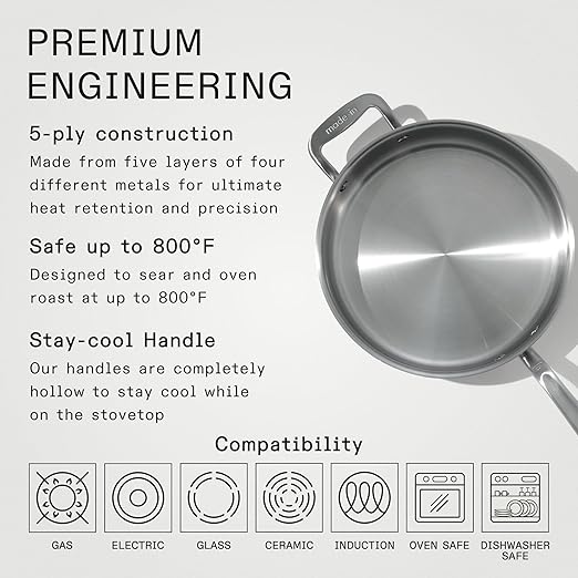 Made In Cookware - 3.5 Quart Stainless Steel Saute Pan - 5 Ply Stainless Clad - Professional Cookware - Induction Compatible - Crafted in Italy
