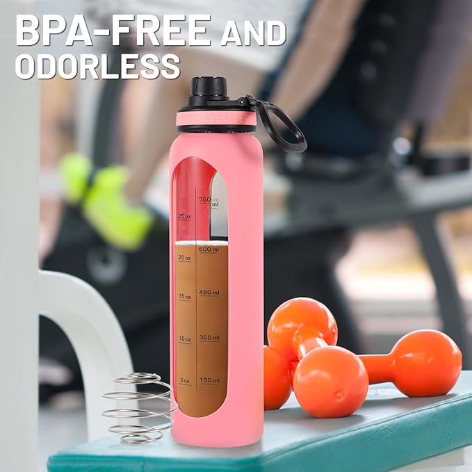 Glass Shaker Bottle,34oz/1L BPA-Free Blender Shaker Bottle With 304SS Ball and Retractable Cleaning Brush for Protein Mixes Fitness(Pink)