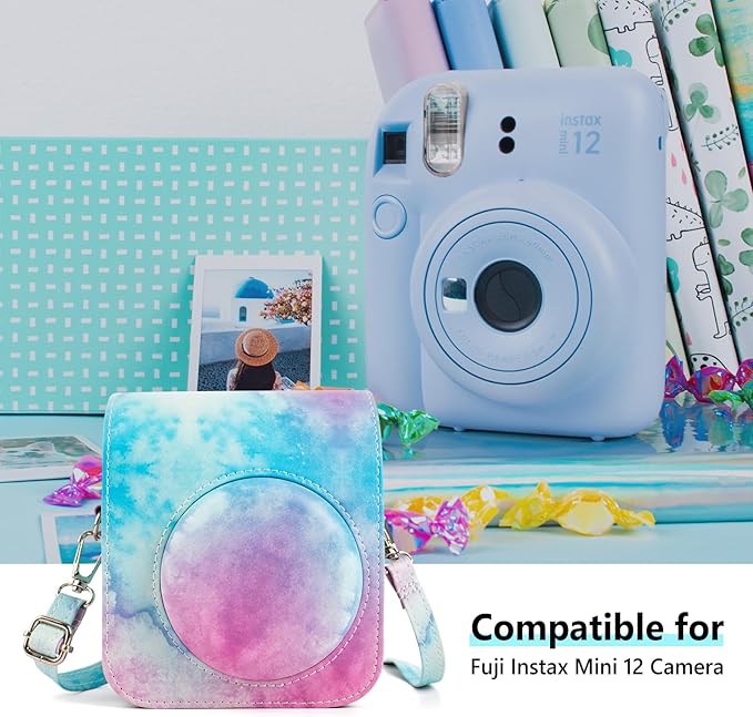 MUZIRI KINOKOO Case for Fujifilm Fuji Instax Mini 12Fuji Mini 12 Instant Camera - PU Leather Protective Case Cover Bag with Adjustable Shoulder Strap - Blue Pink Watercolor
