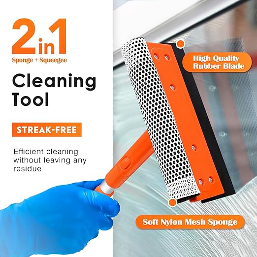 Squeegee for Window | 2-in-1 Window Cleaner Sponge and Soft Rubber Strip with Telescopic Extension Pole 20�-30� | Window Washer for Shower, Car Windshield, Mirror, Glass Cleaning