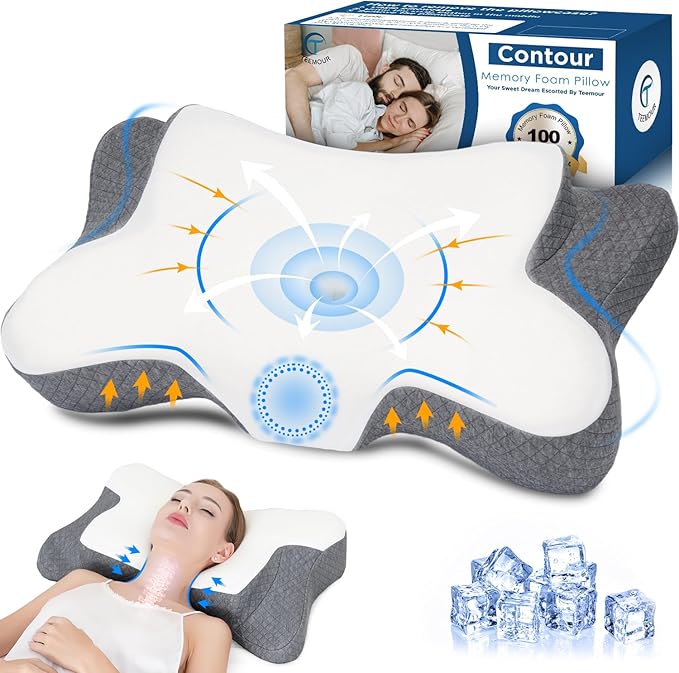 Teemour Memory Foam Pillow for Neck and Shoulder 2 in 1 Pillow for Sleeping, Memory Foam Neck Pillows Neck Support Pillow for Side Back Stomach Sleepers Cooling Pillow with Pillowcase