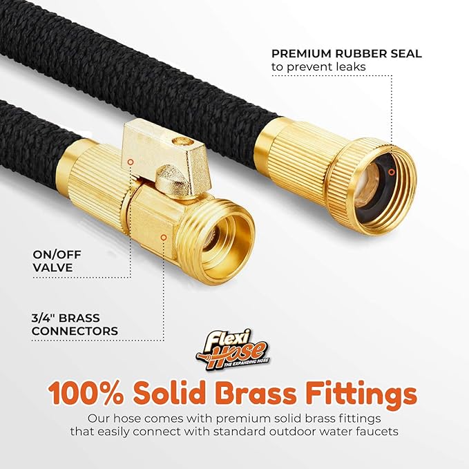 Flexi Hose Lightweight Expandable Garden Hose, No-Kink Flexibility, 34 Inch Solid Brass Fittings and Double Latex Core (25ft, Black)