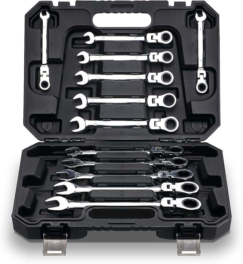 FLZOSPER 12-Piece Flexible Head Ratcheting Wrench Set,Metric Combination Spanner Kit, 8-19mm Chrome Vanadium Steel Ratchet Wrench Set with Portable Suspended Toolbox