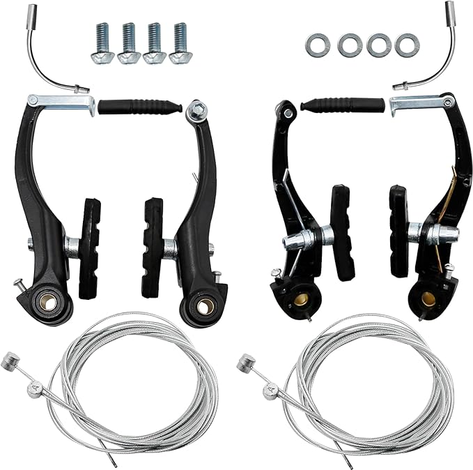 2 Pairs Bike Brake Set, Universal Complete V Bike Brakes Set for Most Mountain Bicycle, Including Road Bike Brakes Cables, Front Back Wheels End Caps,End Ferrules-Black