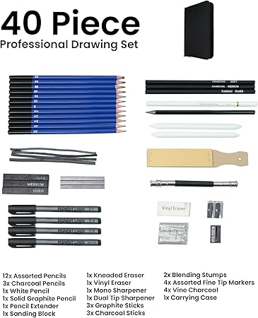 40PC Drawing Kit - Pencil, Marker, White Charcoal, Graphite and More. Gift Set Perfect for Beginners, Professional Artists, Painters, Students - Art Supplies With Pop-Up Carrying Case