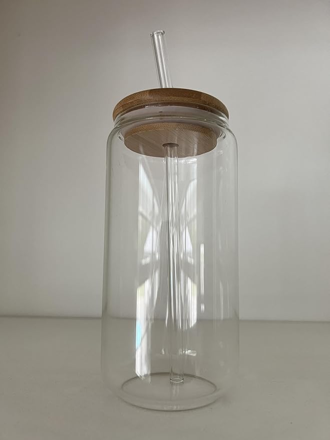 16 oz Clear Glass Tumbler with Bamboo lid and Glass Straw