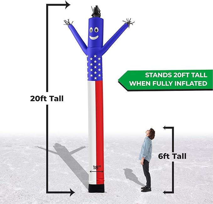 LookOurWay Air Dancers Inflatable Tube Man Attachment - 20 Feet Tall Wacky Waving Inflatable Dancing Tube Guy for Business Promotion - Blower Not Included - American Flag