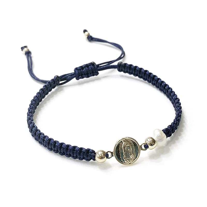 Our Lady of Guadalupe Medal and Dainty Cultured Fresh Father Pearl Adjustable Red String Bracelet Pulsera de la Virgen de Guadalupe para Mujeres (Blue)