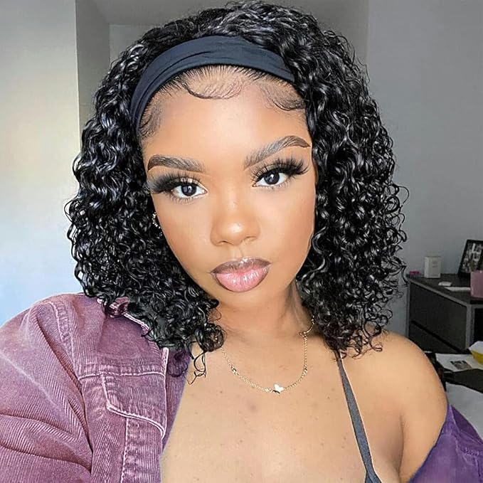 Deep Wave Headband Wig Human Hair 12 Inch Curly Headband Wigs for Black Women Human Hair Glueless None Lace Front Wigs Brazilian Virgin Hair Wig Machine Made 150 Density Natural Black Color