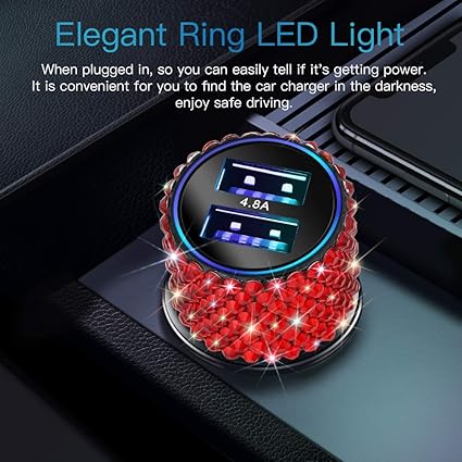 OTOSTAR Dual USB Car Charger, 4.8A Output, Bling Crystal Diamond Car Decorations Accessories Fast Charging Adapter for iPhones Android iOS, Samsung Galaxy, LG, Nexus, HTC (Red)