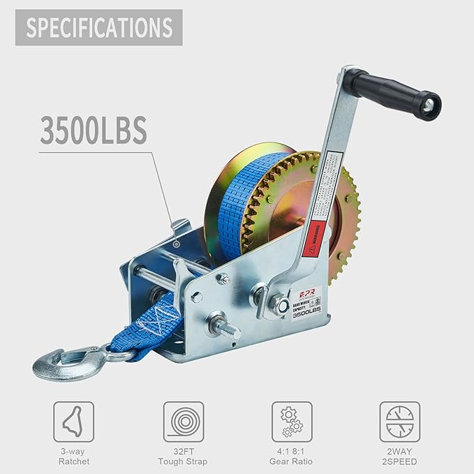 OPENROAD Boat Winch 3500lbs Hand Winch, with 32ft Blue Strap and 2 Speed switchable, for Boat Trailer Towing Winch